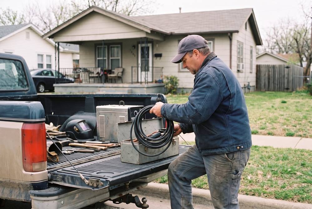 Mobile welder working on steel at a Claremore, OK home job site