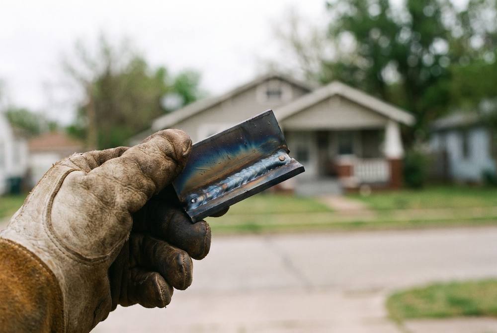 Soldador móvil trabajando en una reparación de portón en una casa de Owasso, Oklahoma