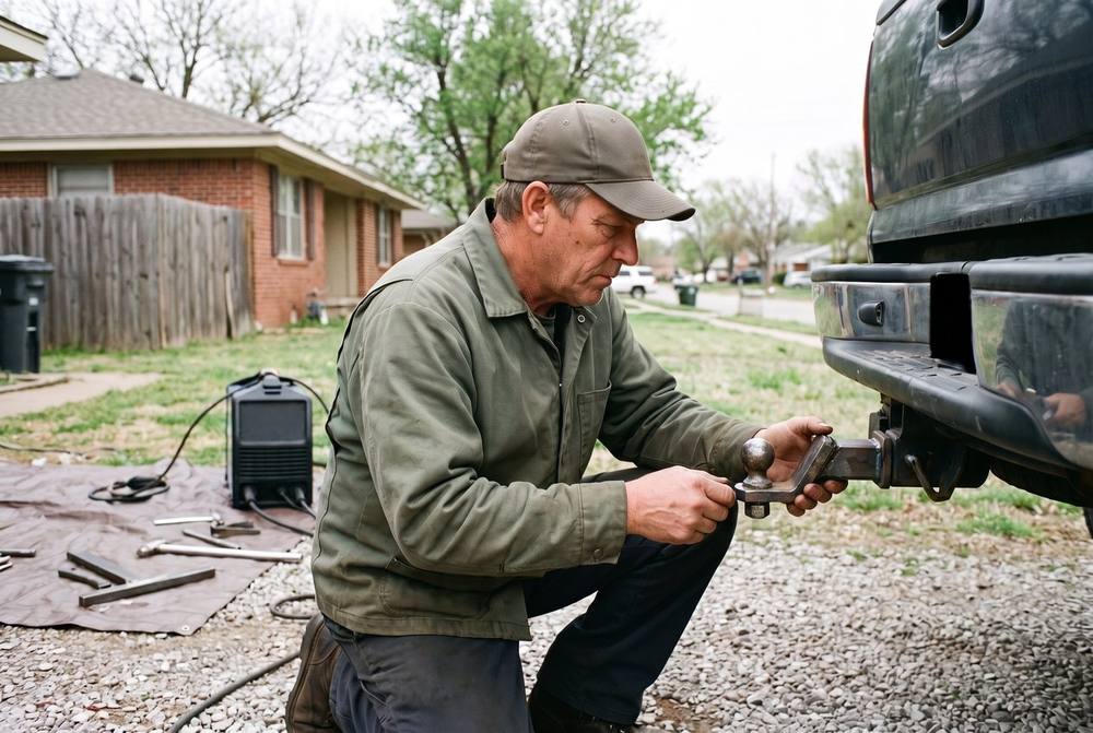 Mobile welder repairing a steel backyard gate at a residential jobsite in Broken Arrow, OK