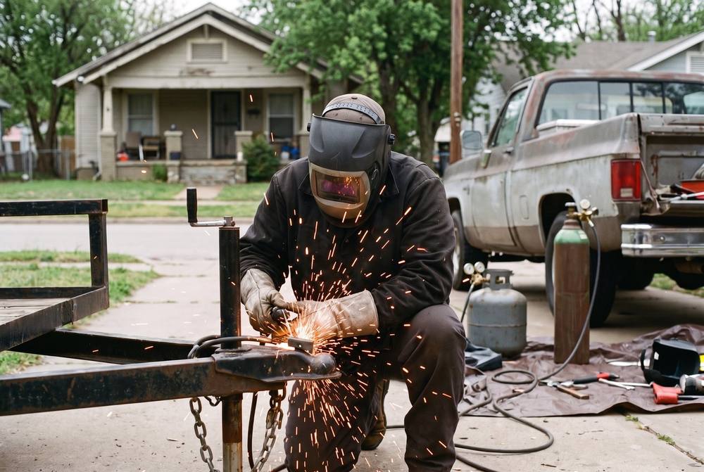 Mobile welder performing a repair on a steel structure at a residential site in Bixby, Oklahoma