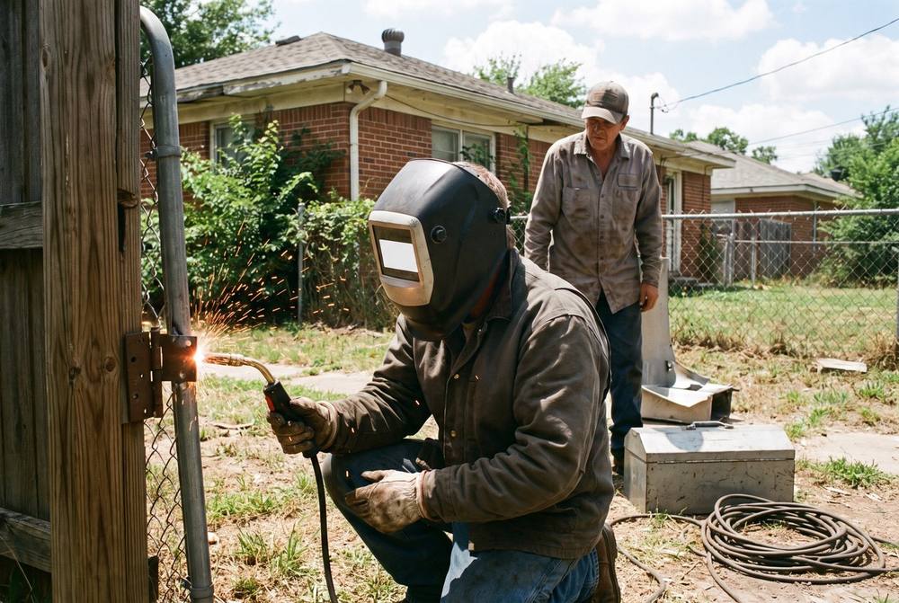 Mobile welder working on a steel repair outdoors in Coweta, Oklahoma
